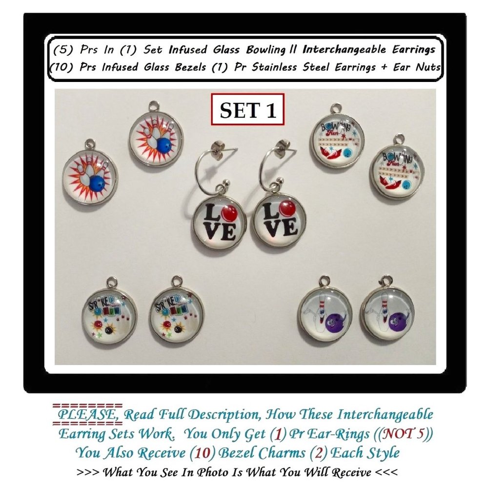 5/$20 Bowling Sport Pins Game Interchangeable Charm Earrings-5 Pairs in Set